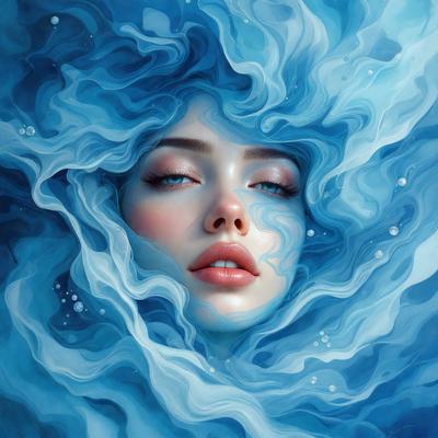 The primary subject of the image is a woman with blue eyes, who is surrounded by a blue ocean. She is wearing lipstick and appears to be looking at the viewer. The setting is a blue ocean, and the visual style is a painting or digital art. The colors and mood of the image are predominantly blue, creating a serene and calming atmosphere.